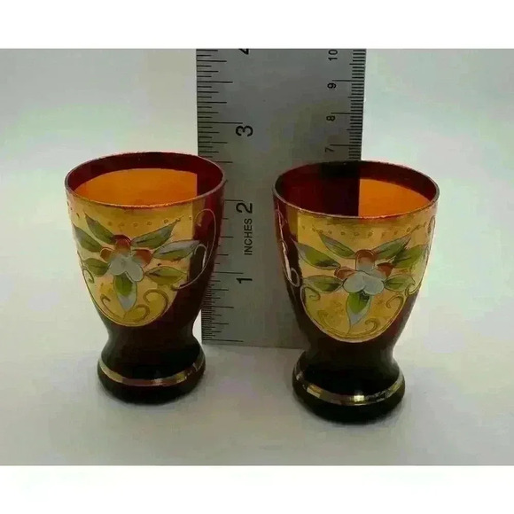 MCM Vintage Cranberry Shot Glasses set of Two Hand Painted Gold Band Beautiful - Picture 7 of 10